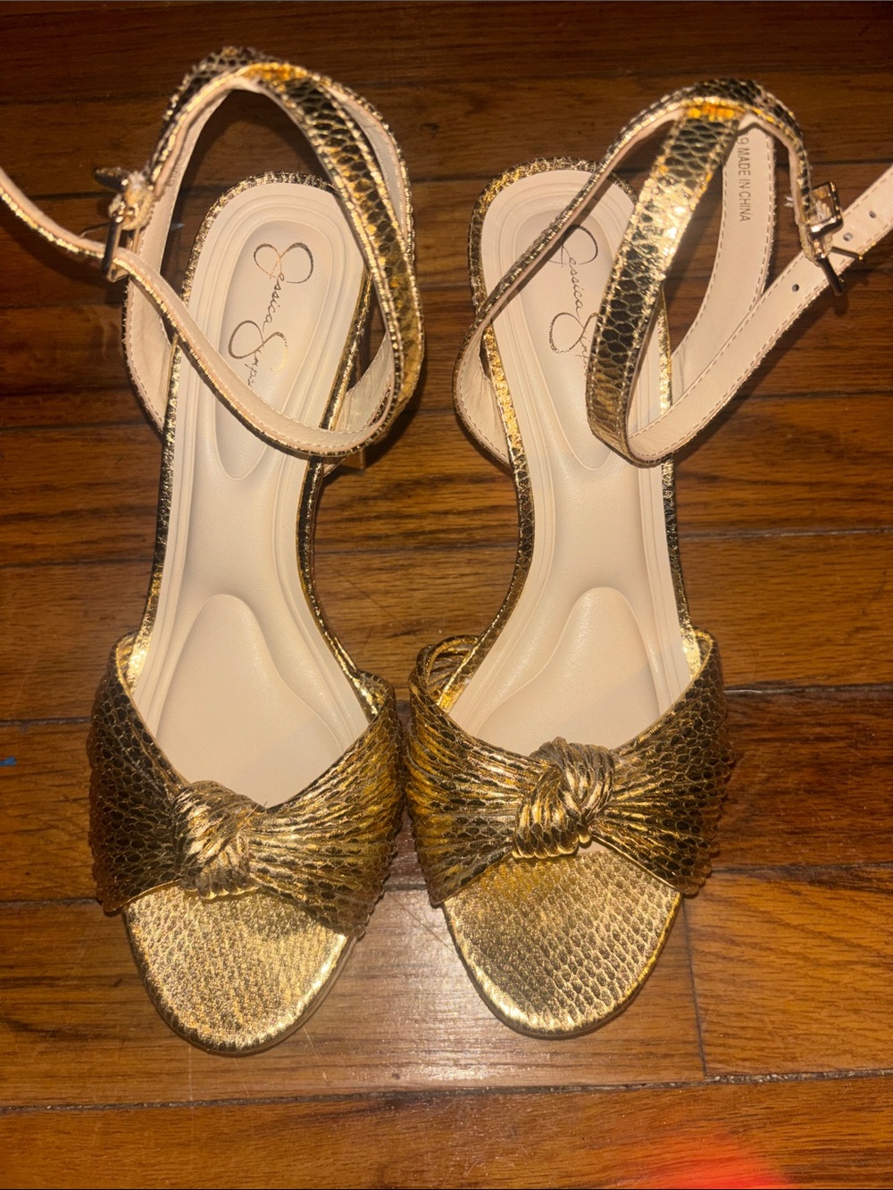 Jessica Simpson Metallic Gold Knot-Front Ankle Strap Heels